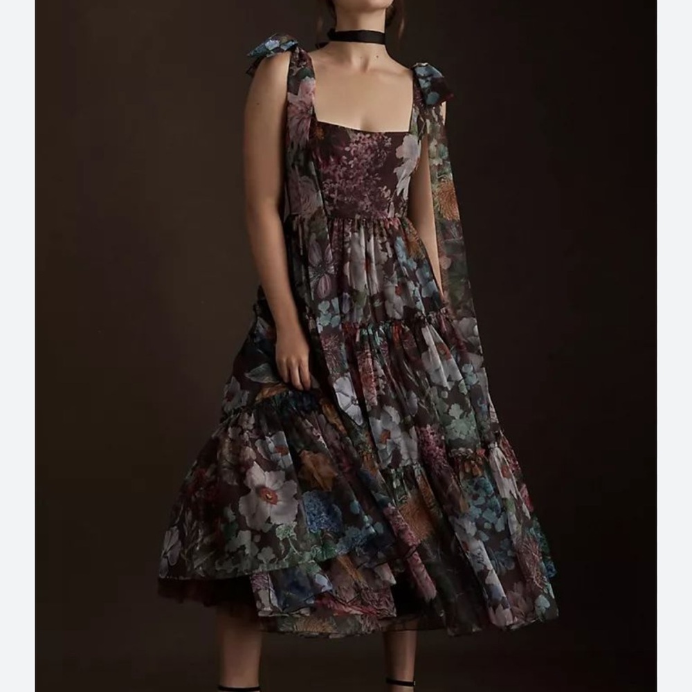 Anthropologie BHLDN Isabella Tiered Square-Neck A-Line Midi Dress